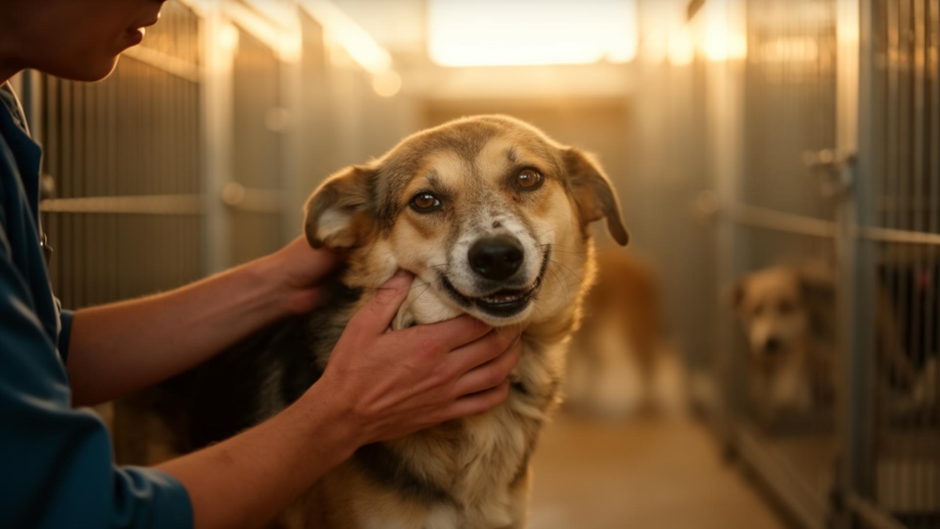 Cão resgatado a ser acariciado por um voluntário num abrigo